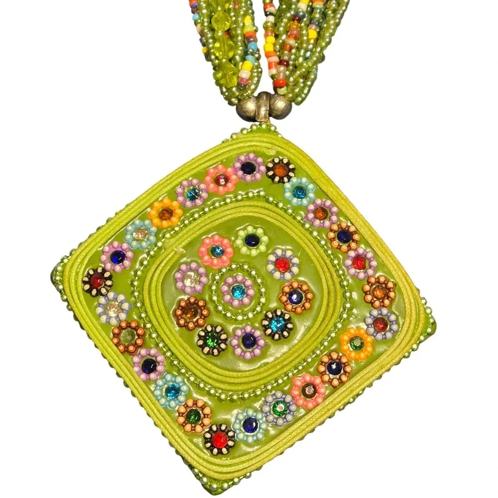 Multistrand Green Beaded Statement Necklace Large Mosaic Pendant Boho Artisan